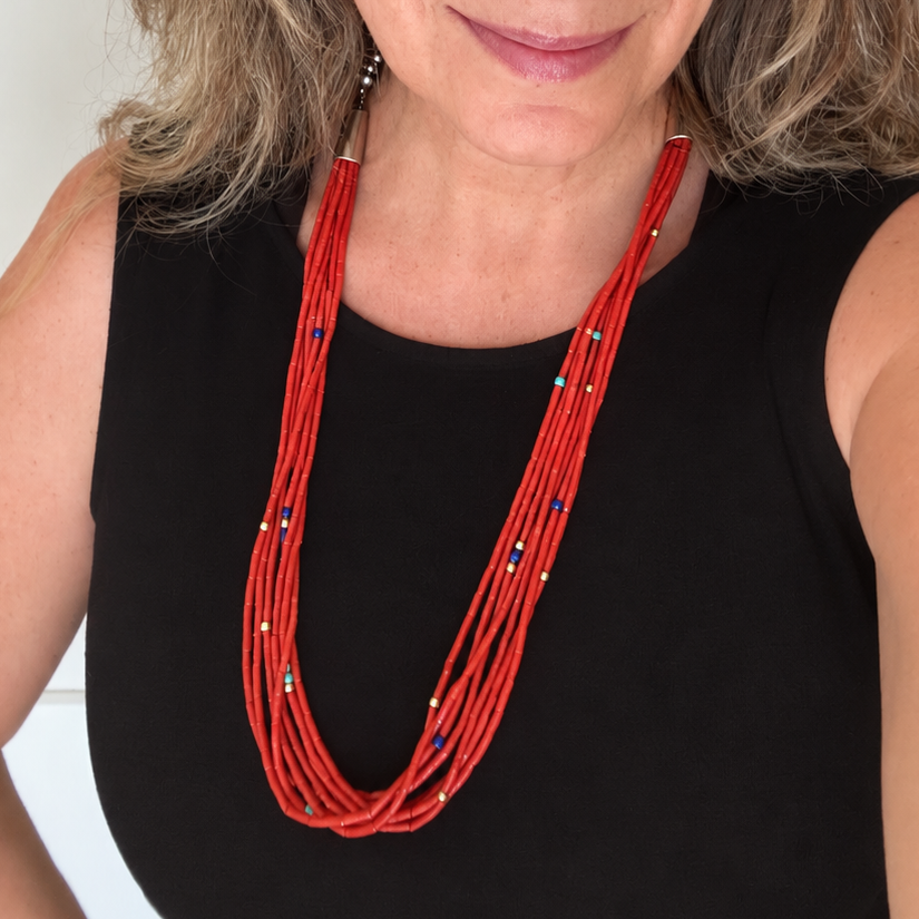 Jake and Irene Livingston Necklace or Natural Red Mediterranean Coral With Accent Beads of Turquoise, Lapis and 14k gold with a pendant of a fine elongated coral cabochon Worn