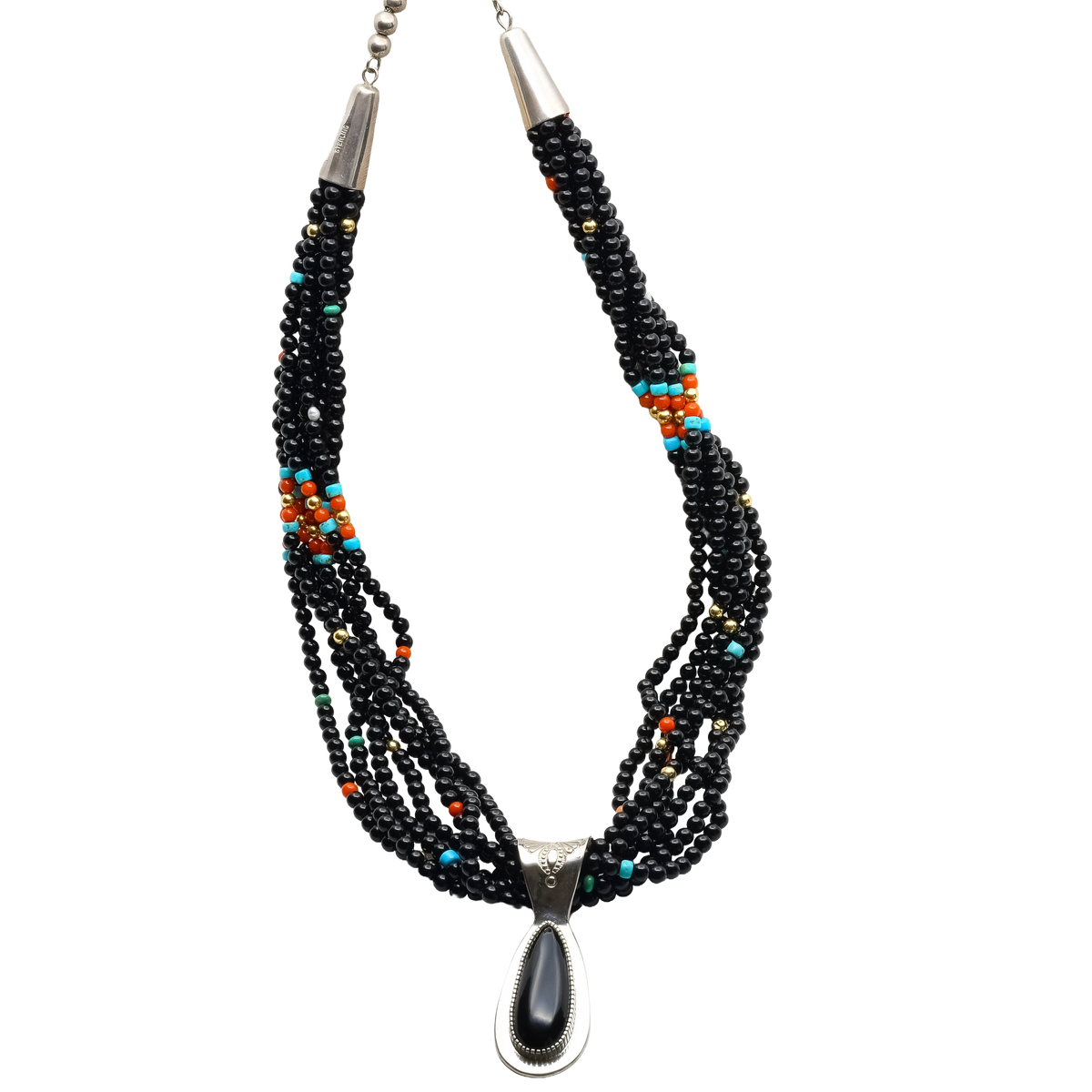 Jake And Irene Livingston Necklace of Onyx Turquoise Coral and Gold Beads