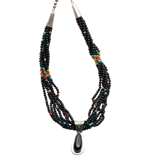 Jake And Irene Livingston Necklace of Onyx Turquoise Coral and Gold Beads