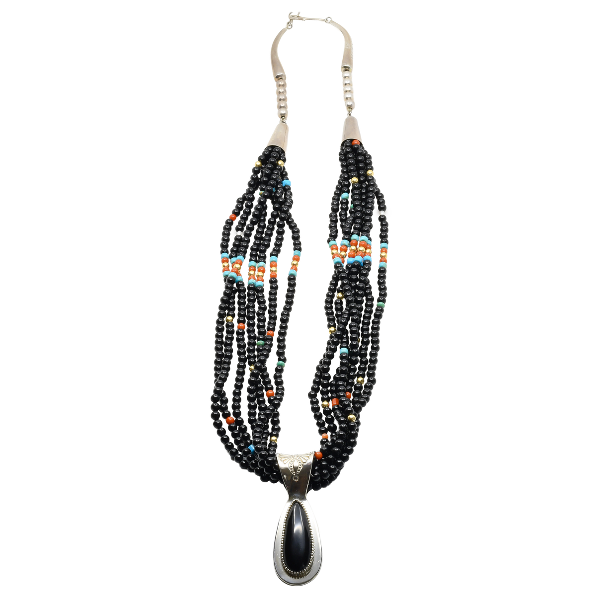 Jake And Irene Livingston Necklace of Onyx Turquoise Coral and Gold Beads