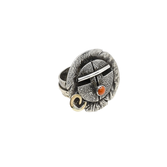 Jolene Eustace Ring of Silver Katsina Face With Coral