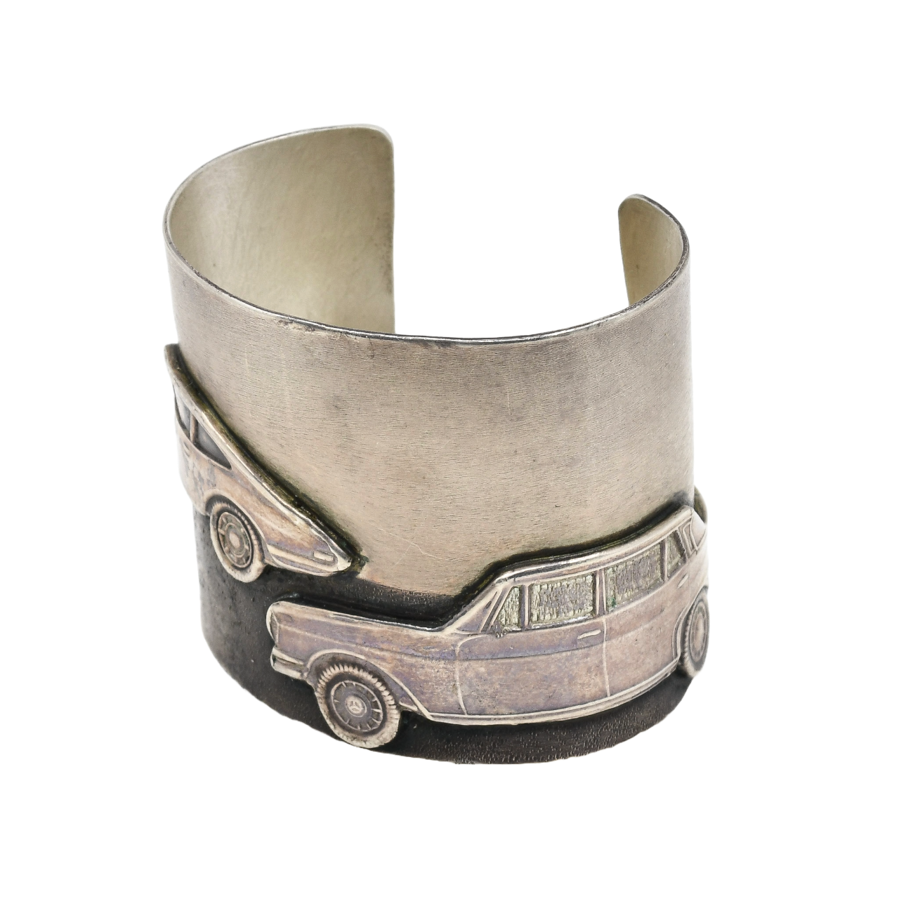 Keri Ataumbi Wide Silver Cuff Bracelet of Sculpted Silver Vintage Cars