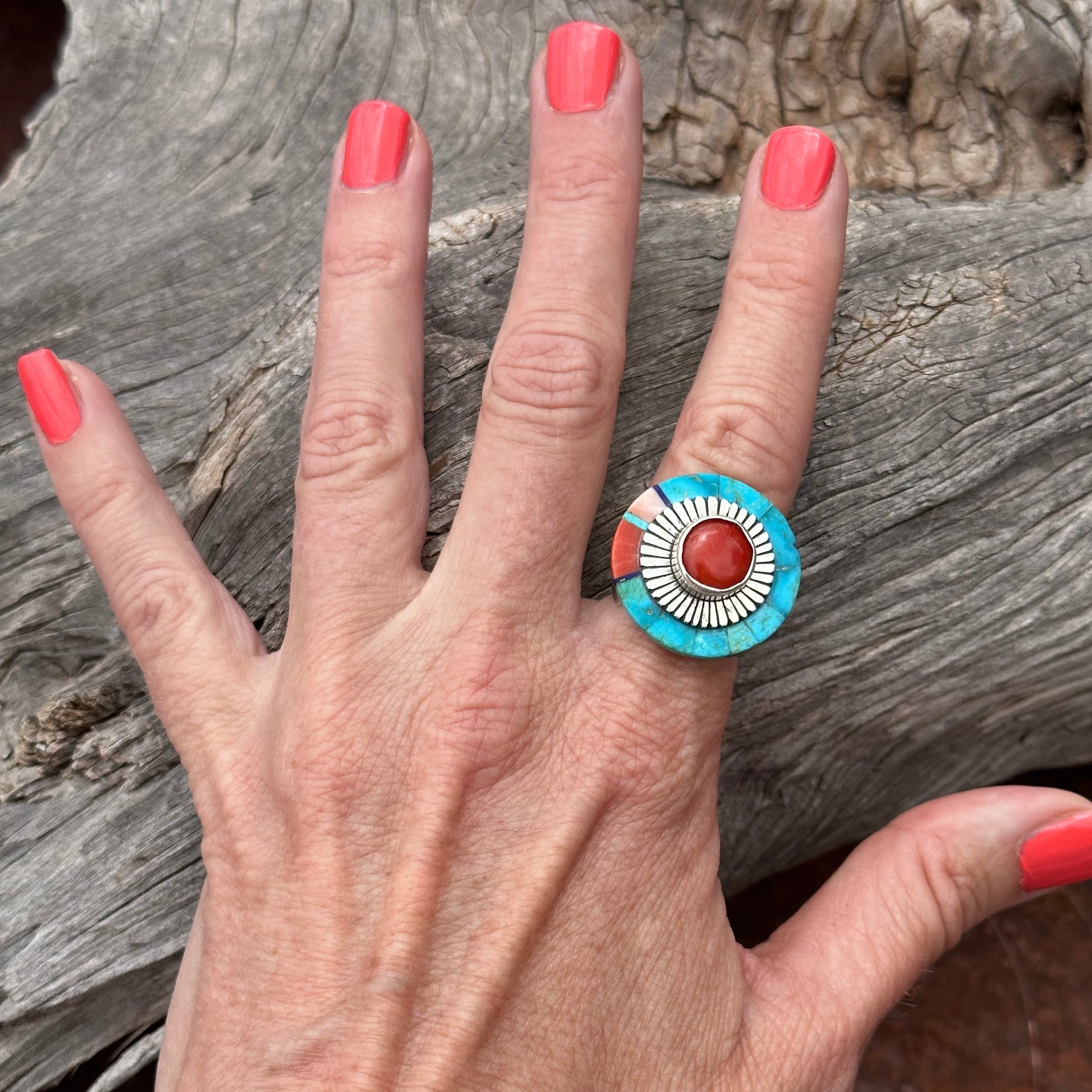 Richard Begay Ring of Turquoise Inlay