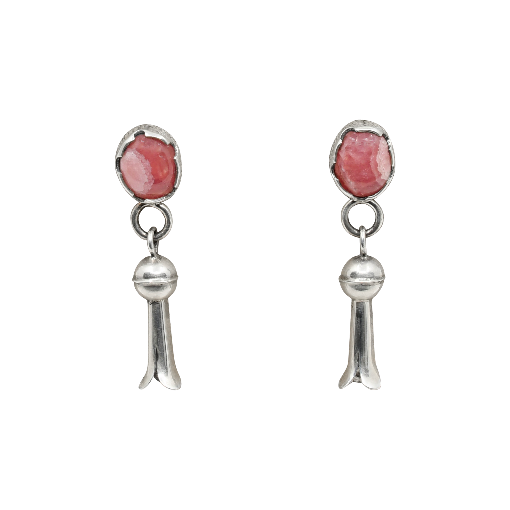 Silver Squash Blossom Earrings By Darrell Jumbo With Pink Rhodochrosite Stones