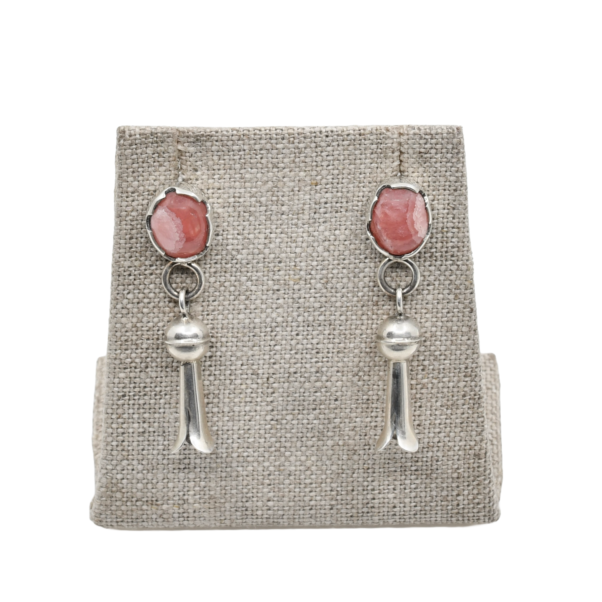 Silver Squash Blossom Earrings By Darrell Jumbo With Pink Rhodochrosite Stones