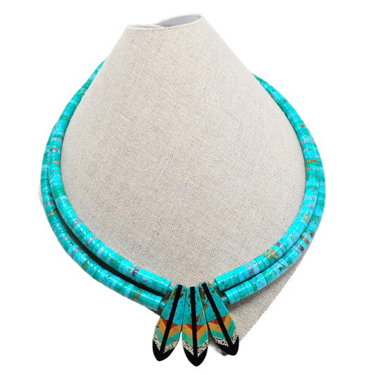 Turquoise Necklace with Inlay Feather Pendants by Rudy Coriz