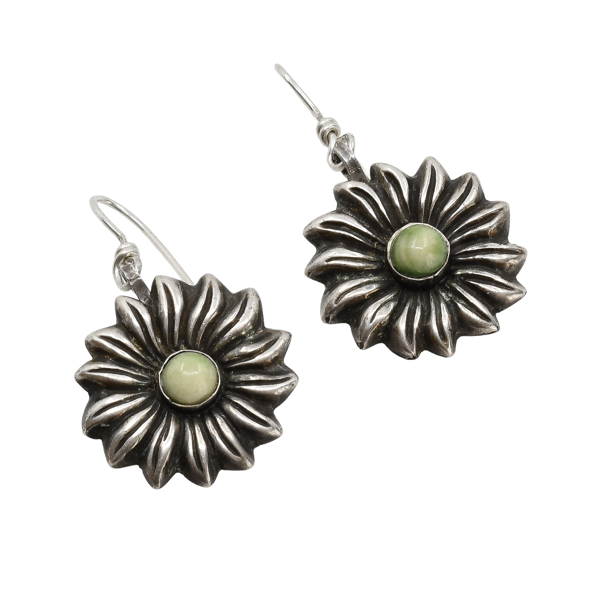 Early Mexican Silver Flower Earrings With Yellow Green Calcite Stone