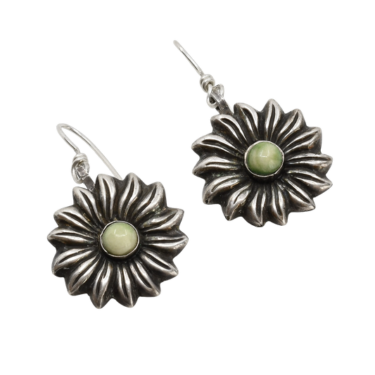 Early Mexican Silver Flower Earrings With Yellow Green Calcite Stone