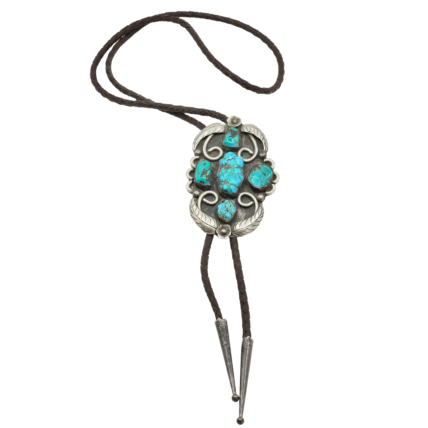 Vintage Navajo Bolo With Turquoise and Silver Leaf Work