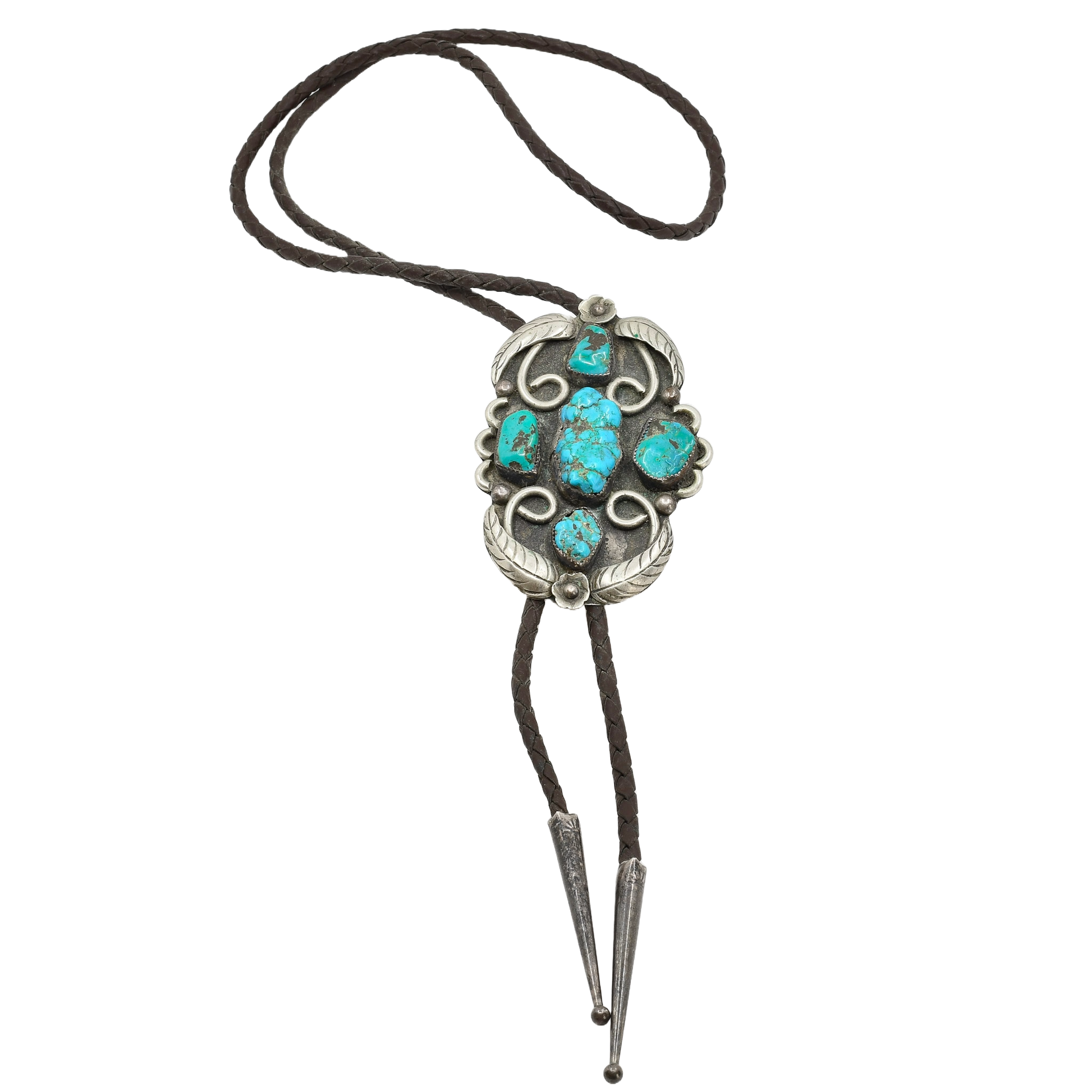 Vintage Navajo Bolo With Turquoise and Silver Leaf Work