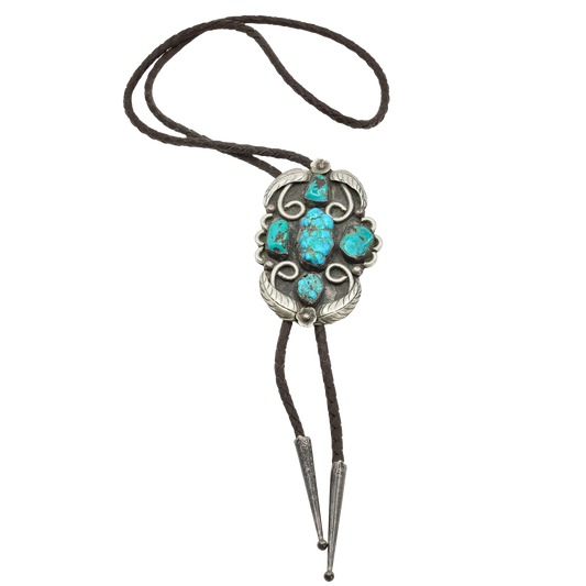 Vintage Navajo Bolo With Turquoise and Silver Leaf Work