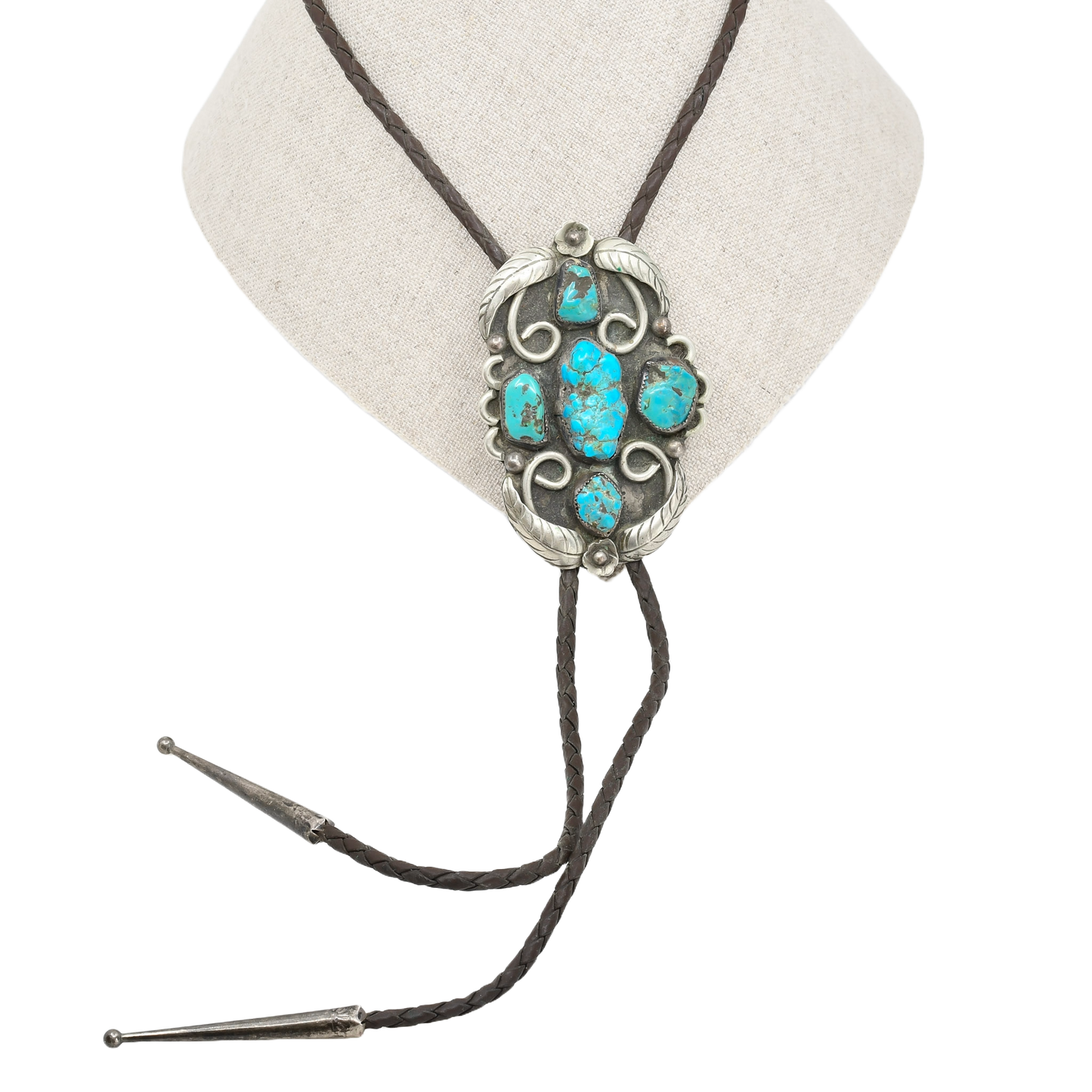 Vintage Navajo Bolo With Turquoise and Silver Leaf Work