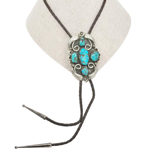Vintage Navajo Bolo With Turquoise and Silver Leaf Work