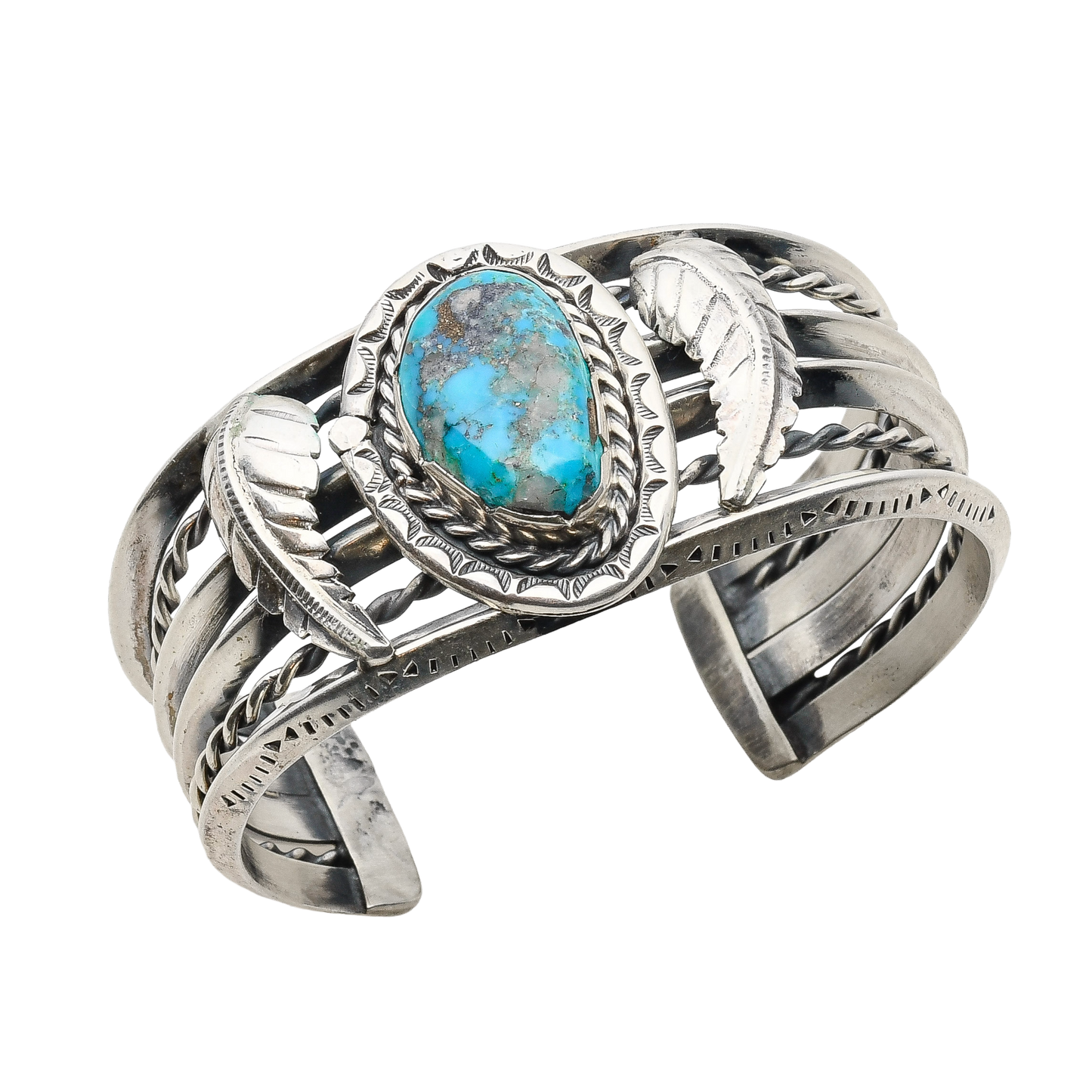 Vintage Navajo Cuff With Turquoise Stone and Leaf Work