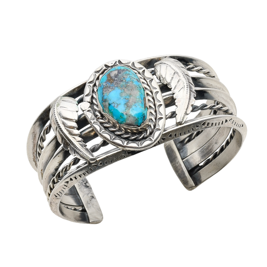 Vintage Navajo Cuff With Turquoise Stone and Leaf Work