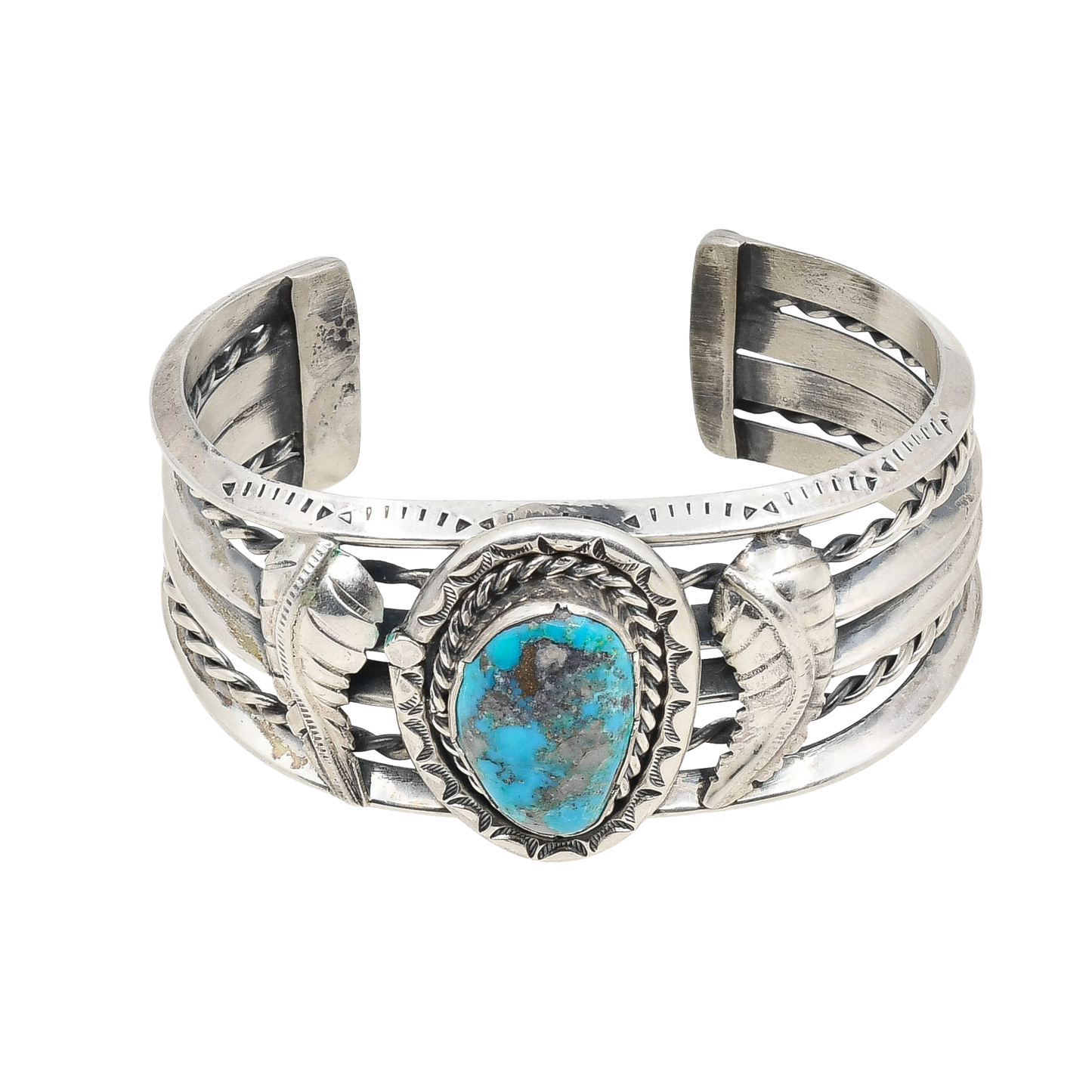 Vintage Navajo Cuff With Turquoise Stone and Leaf Work