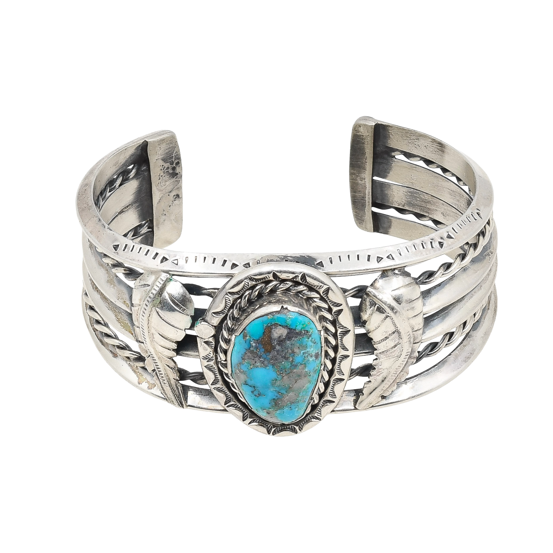 Vintage Navajo Cuff With Turquoise Stone and Leaf Work