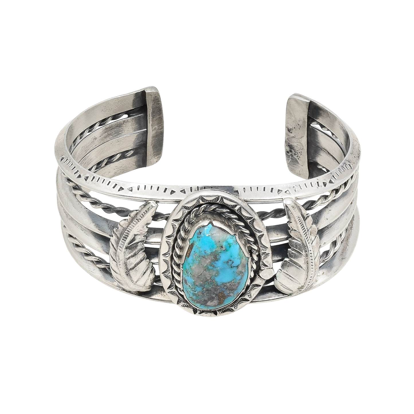 Vintage Navajo Cuff With Turquoise Stone and Leaf Work