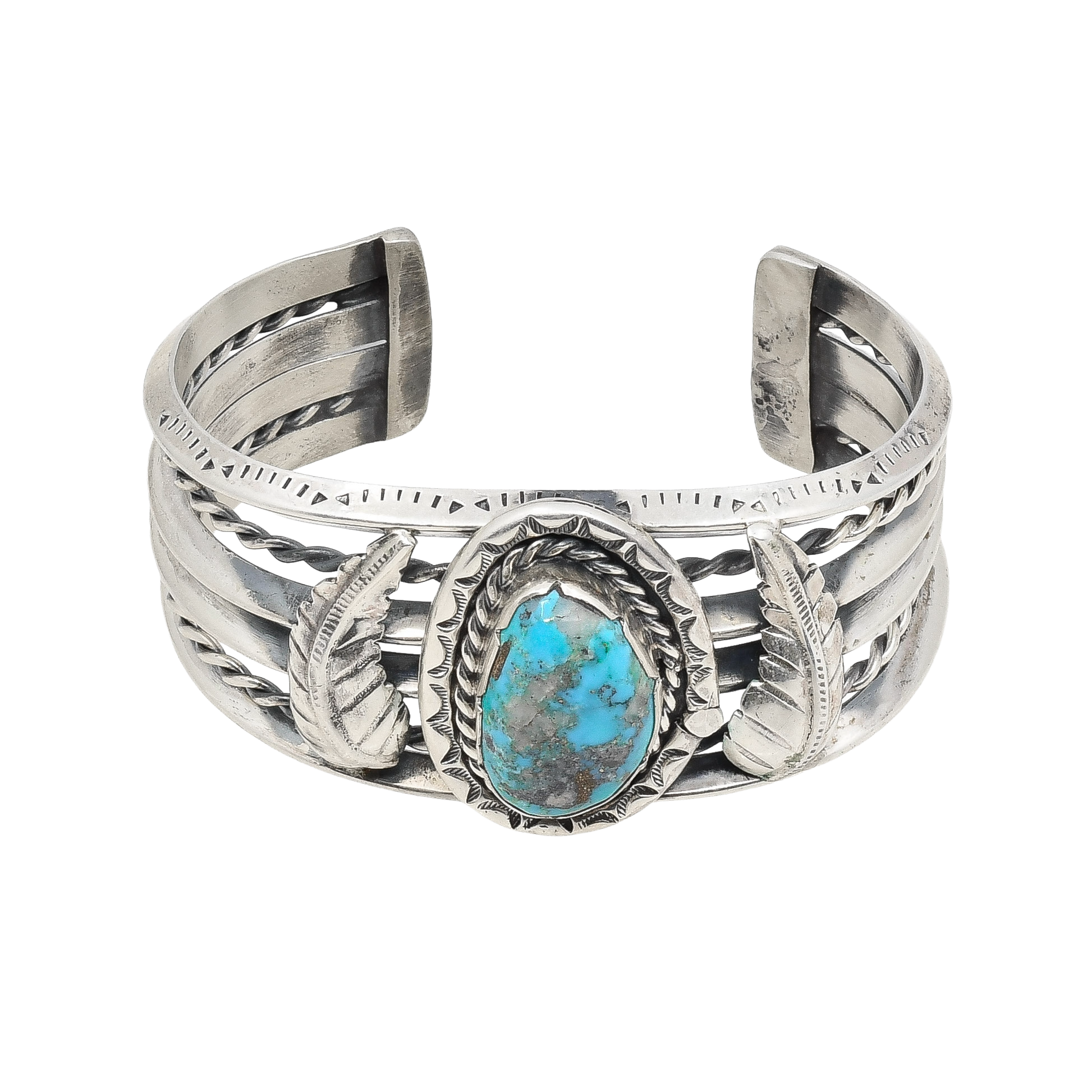 Vintage Navajo Cuff With Turquoise Stone and Leaf Work