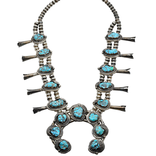  Vintage Navajo Turquoise Nugget Squash Blossom Necklace