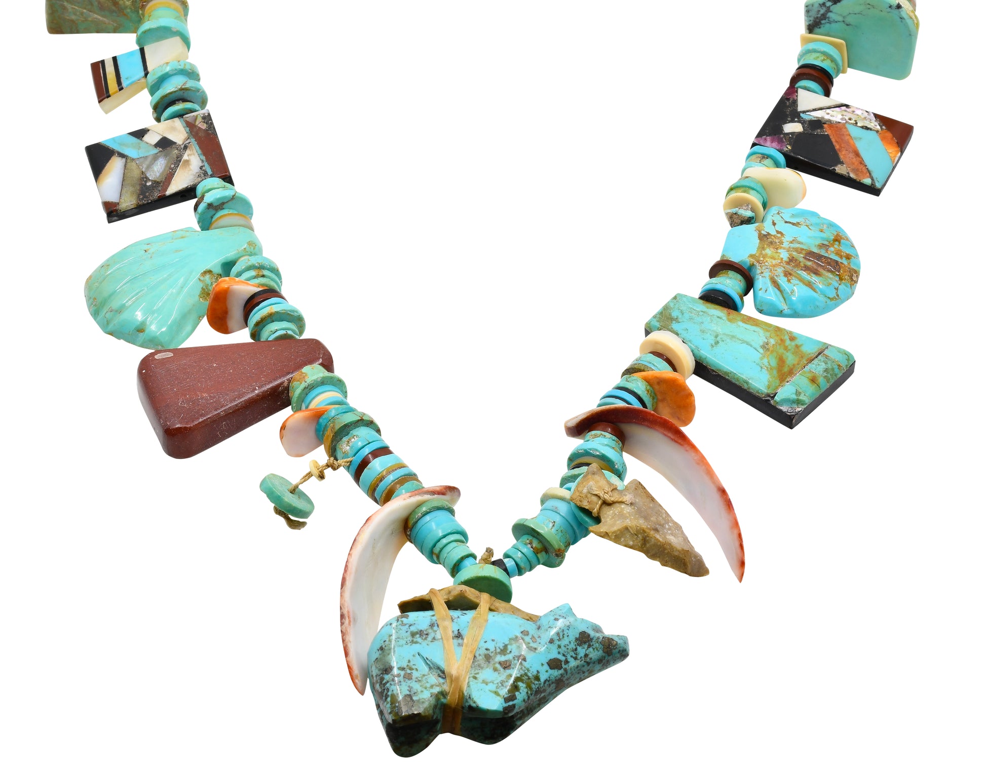 Vintage Pueblo Treasure Necklace With Turquoise Fetish and Inlay and Turquoise Beads and Red Spiny Oyster and Orange Spiny Oyster.jpg