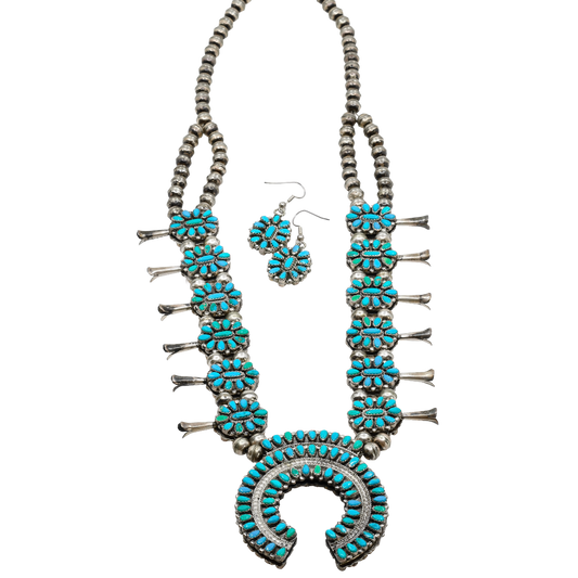 Vintage Reversible Squash Blossom Necklace and Earring Set Turquoise & Coral