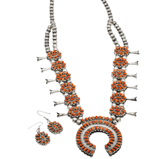 Vintage Reversible Squash Blossom Necklace and Earring Set Turquoise & Coral f