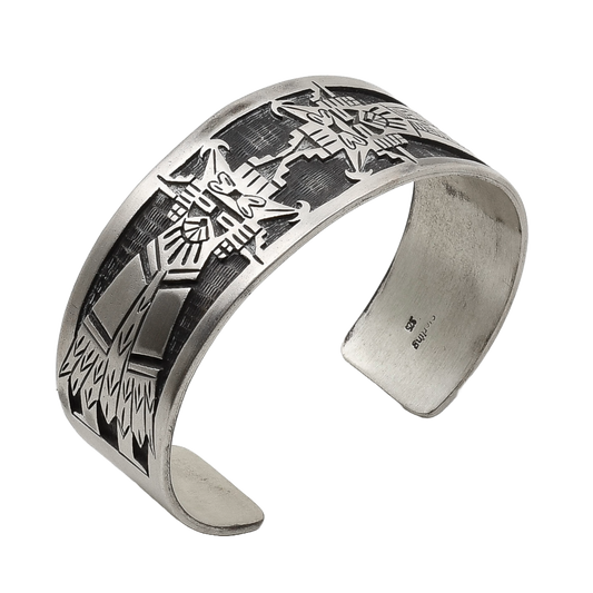 Vintage Sterling SIlver Hopi Overlay Bracelet of Salako Mana and Taka