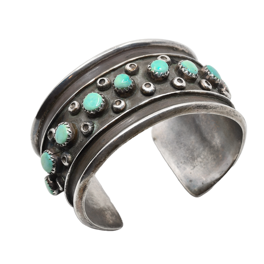 Vintage Wide Turquoise and Silver Cuff Bracelet With Tiny Silver Beads