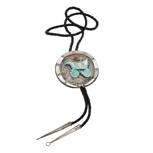 Vintage Zuni Inlay Bolo of A Covered Wagon by Vincent And Marvina Dishta
