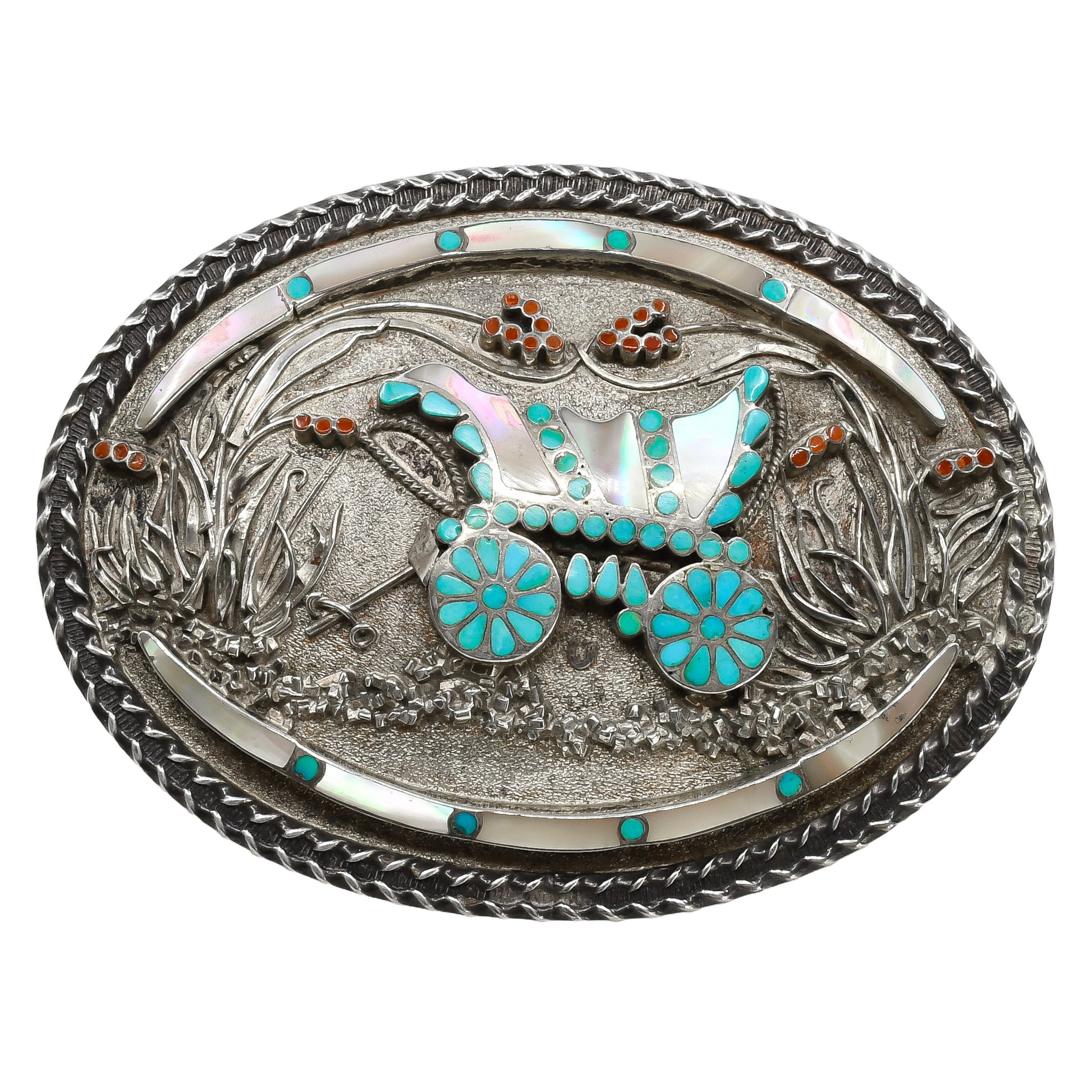 Vintage Zuni Inlay Buckle of A Covered Wagon by Vincent and Marvina Dishta