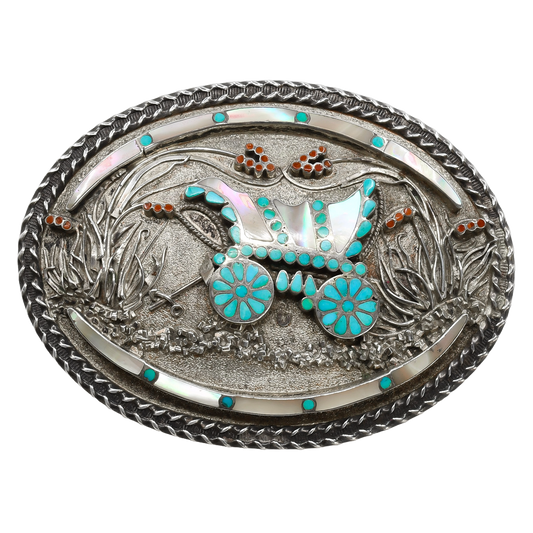 Vintage Zuni Inlay Buckle of A Covered Wagon by Vincent and Marvina Dishta