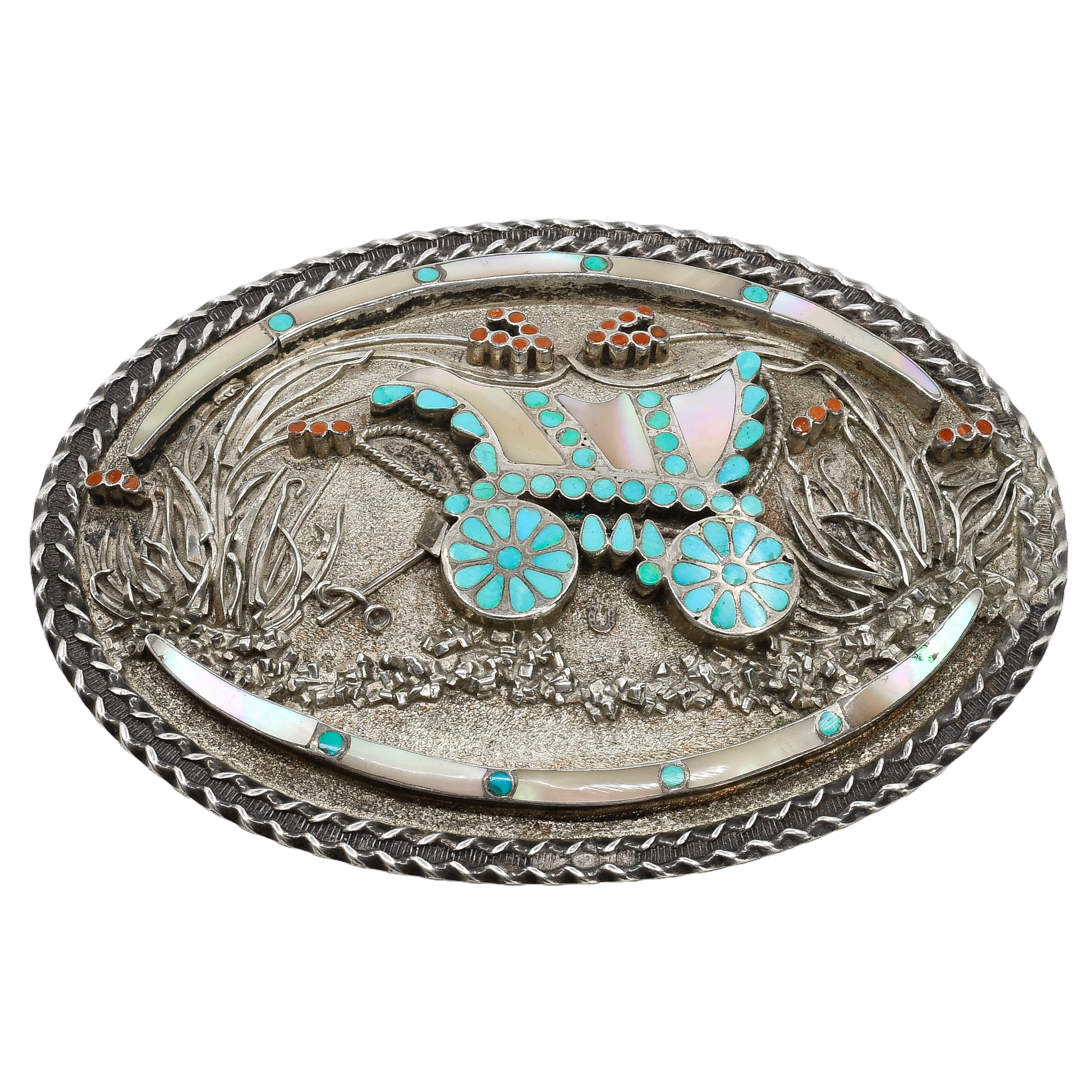 Vintage Zuni Inlay Buckle of A Covered Wagon by Vincent and Marvina Dishta