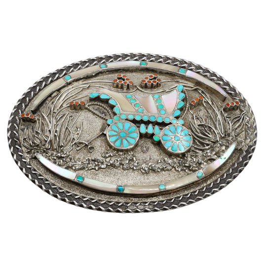 Vintage Zuni Inlay Buckle of A Covered Wagon by Vincent and Marvina Dishta