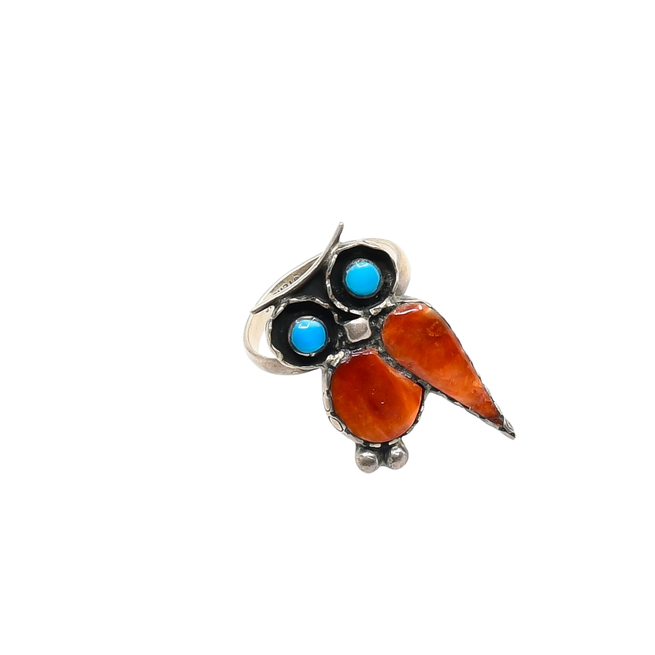 Vintage Zuni Owl Ring With Turquoise and Spiny Oyster