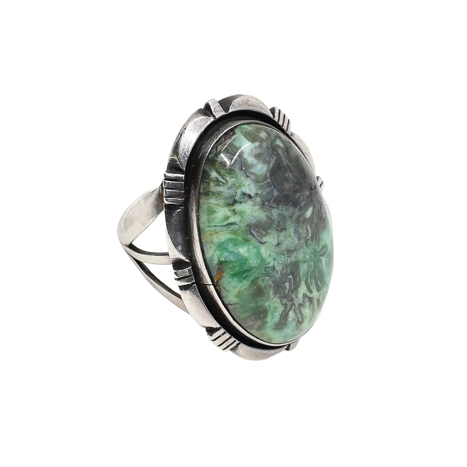 Vintage Navajo Silver Ring With Green Chalcedony Stone With Blooms