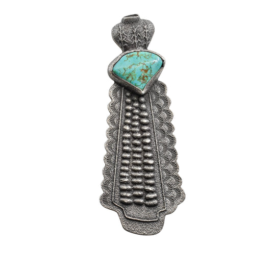 Anthony Lovato Tufa Cast Pin Pendant of Corn Maiden With Turquoise - Turquoise & Tufa