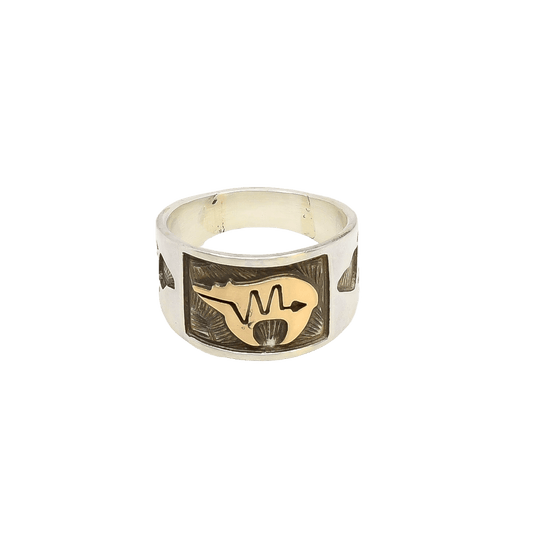 Arland Ben Ring of Silver and 14k Gold Overlay Bear - Turquoise & Tufa