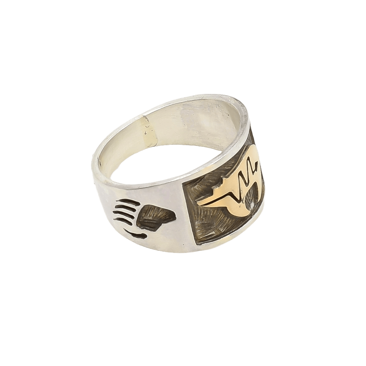 Arland Ben Ring of Silver and 14k Gold Overlay Bear - Turquoise & Tufa
