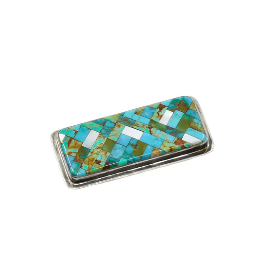 Charlie Bird Pin of Mosaic Inlay Turquoise and Mother of Pearl - Turquoise & Tufa