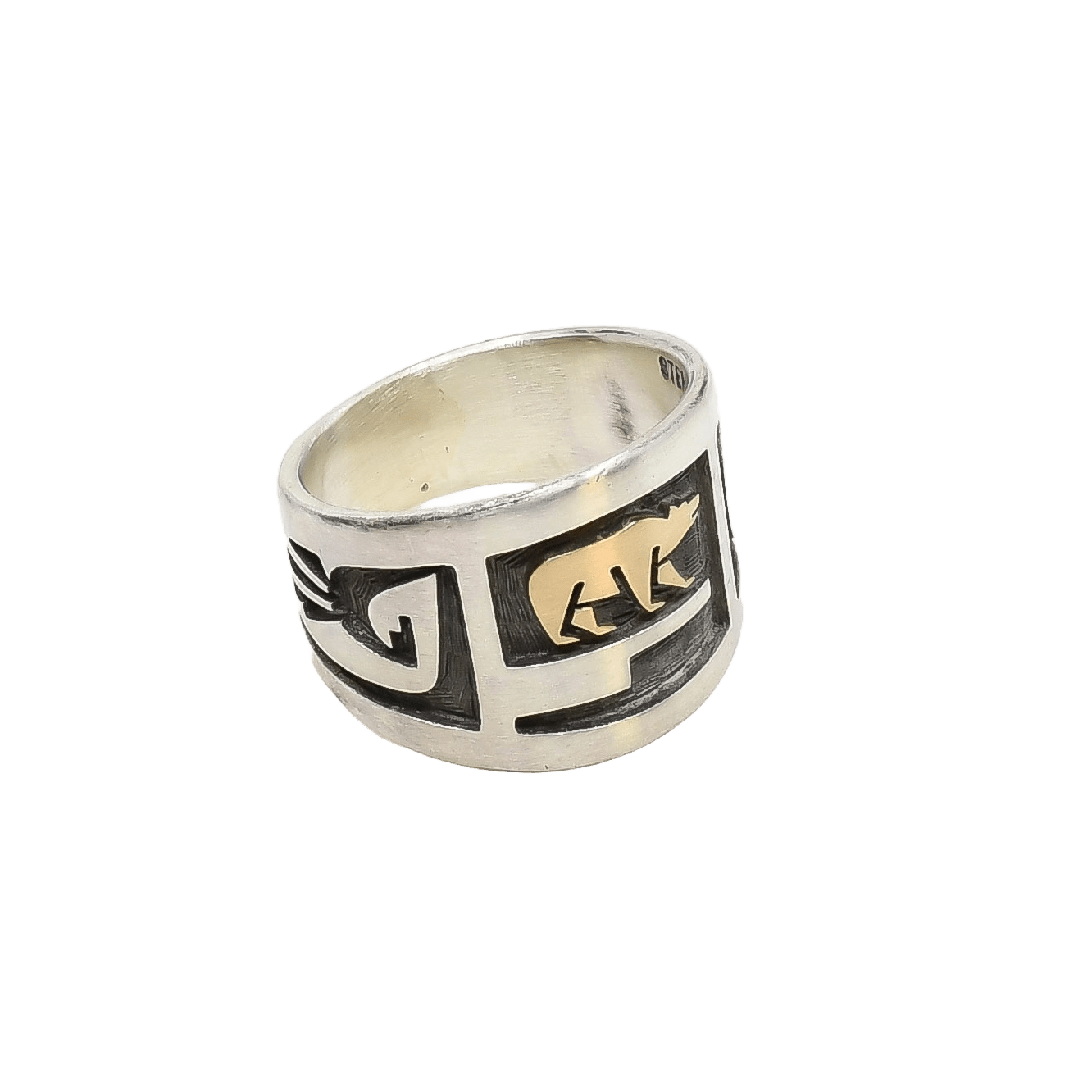 Contemporary Ring of Silver Overlay With 14k Gold Bear – Turquoise & Tufa