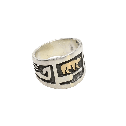 Contemporary Ring of Silver Overlay With 14k Gold Bear - Turquoise & Tufa
