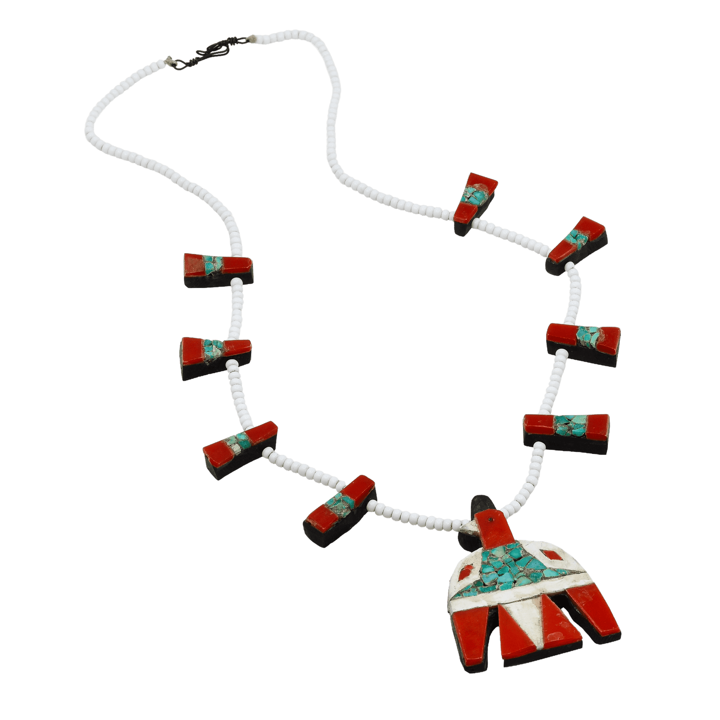 Depression Era Santo Domingo Pueblo Thunderbird Necklace - Turquoise & Tufa