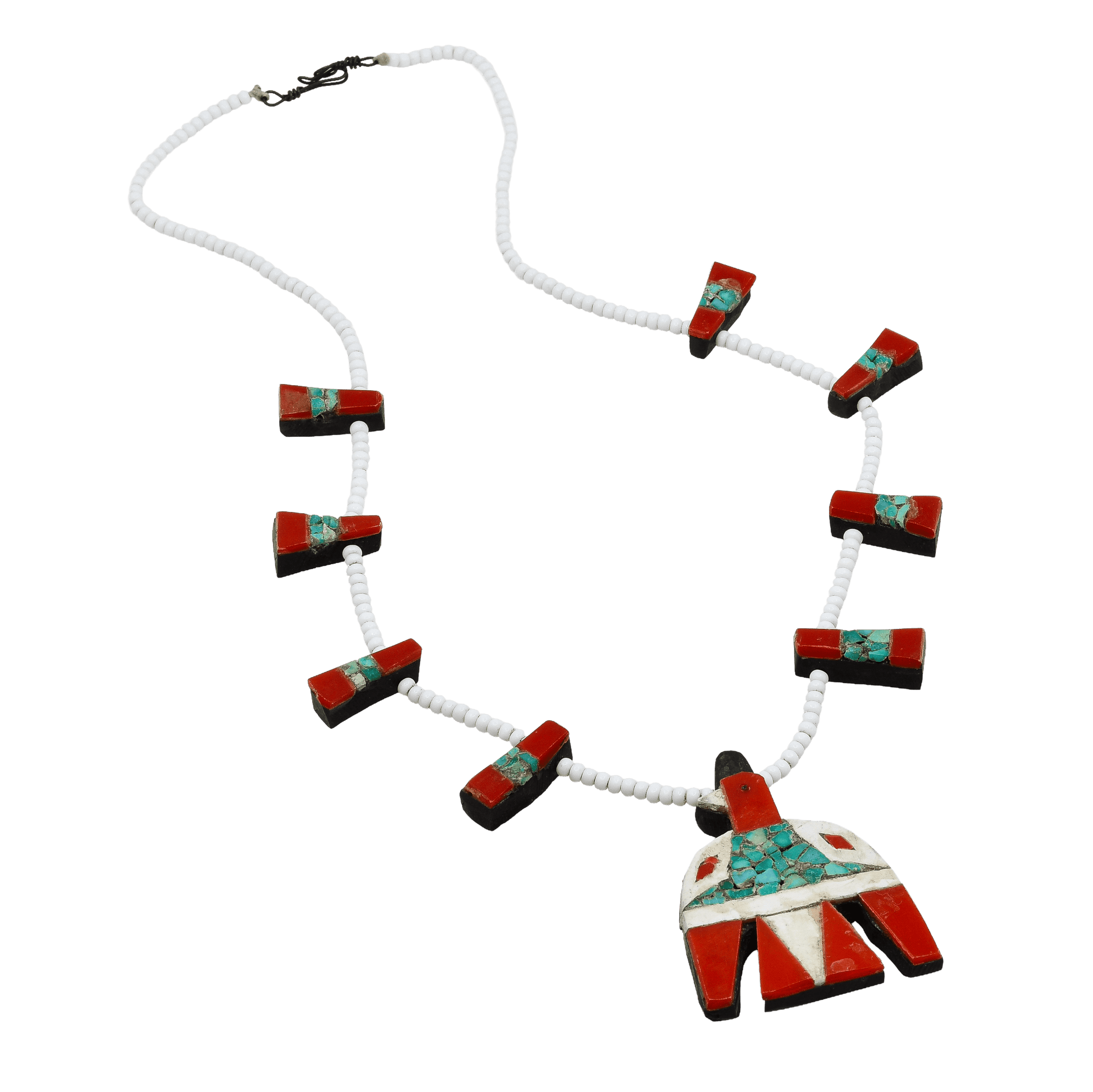 Depression Era Santo Domingo Pueblo Thunderbird Necklace - Turquoise & Tufa