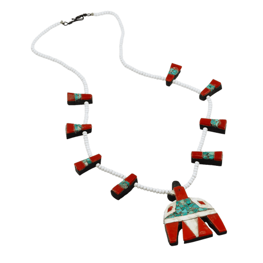 Depression Era Santo Domingo Pueblo Thunderbird Necklace - Turquoise & Tufa