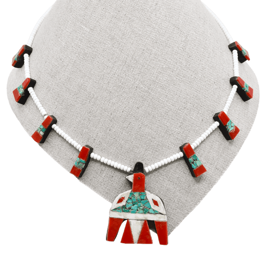 Depression Era Santo Domingo Pueblo Thunderbird Necklace - Turquoise & Tufa