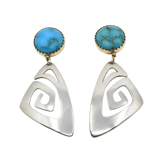 Duane Maktima Earrings of Turquoise Silver and Gold - Turquoise & Tufa