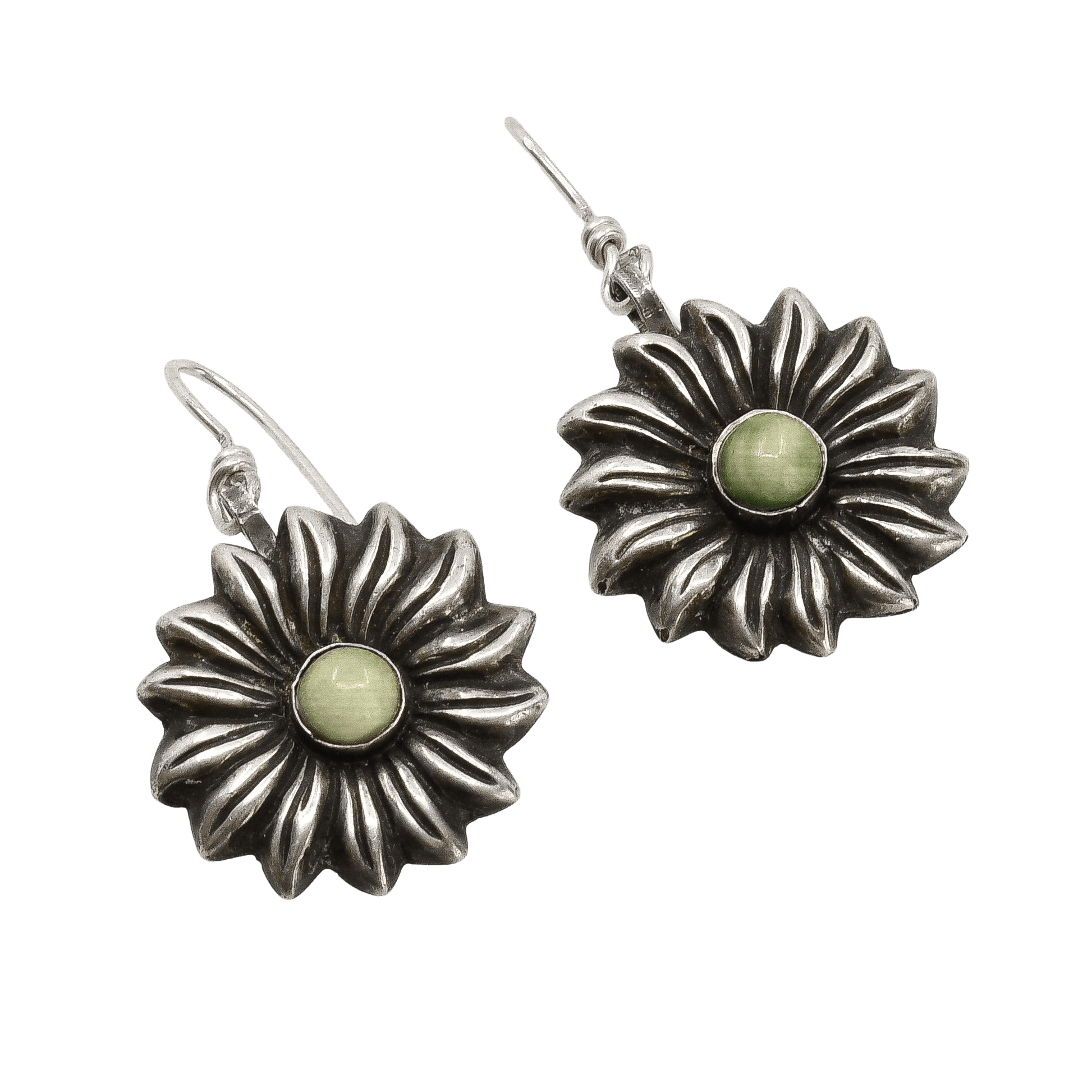 Early Mexican Silver Flower Earrings With Yellow Green Calcite Stone - Turquoise & Tufa