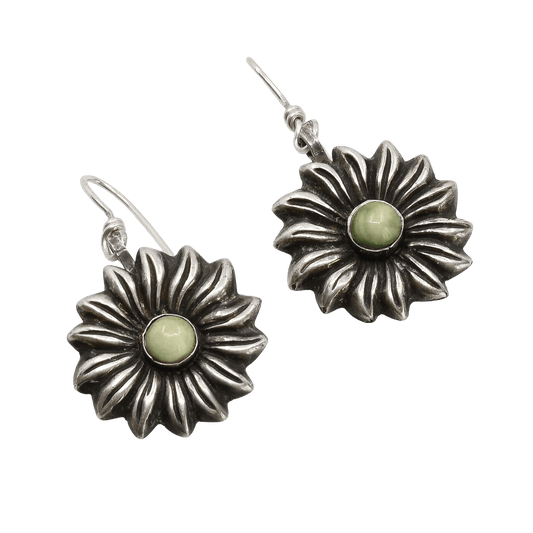 Early Mexican Silver Flower Earrings With Yellow Green Calcite Stone - Turquoise & Tufa