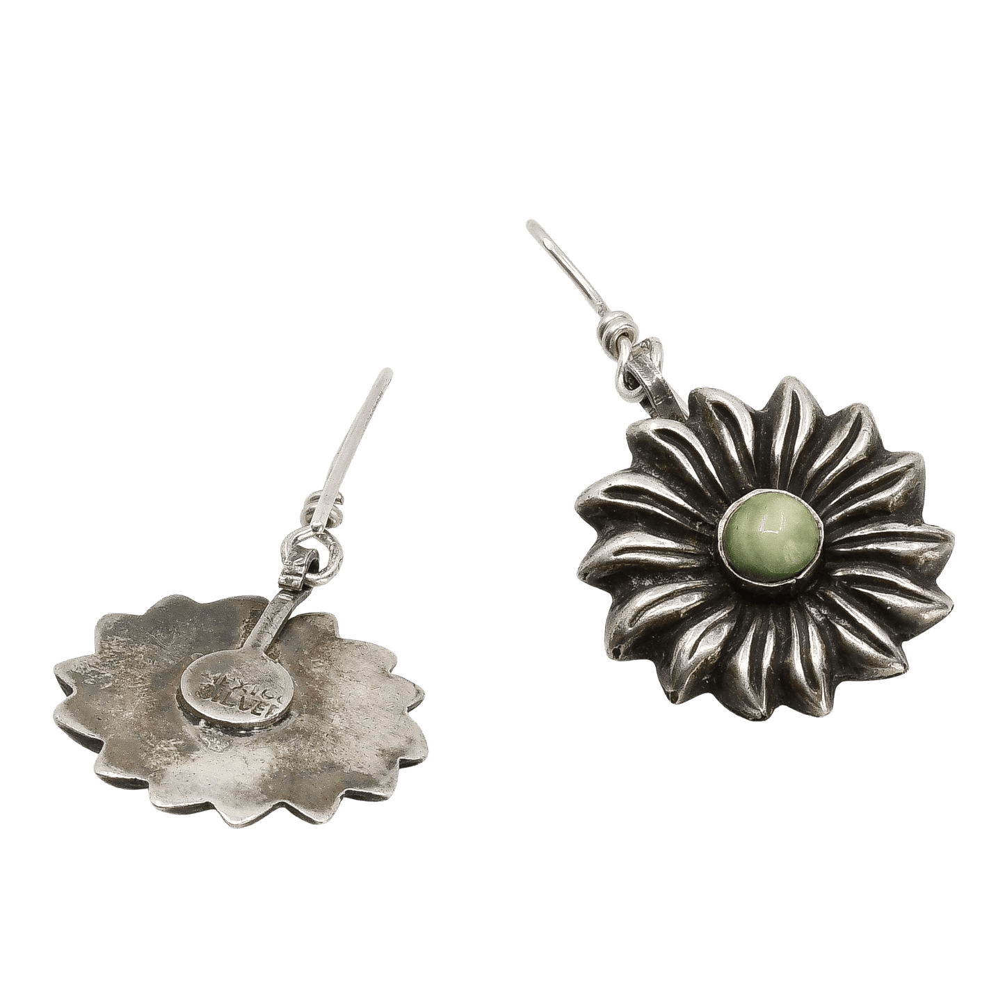 Early Mexican Silver Flower Earrings With Yellow Green Calcite Stone - Turquoise & Tufa